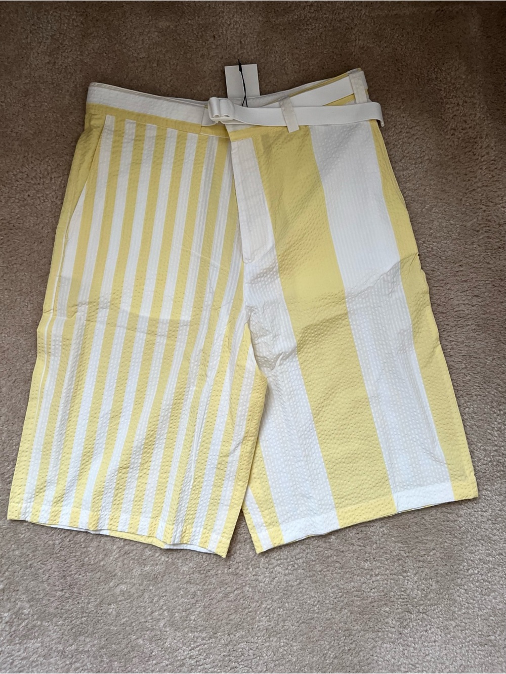 MAISON KITSUNÉ Yellow & White Striped Swim Board Shorts